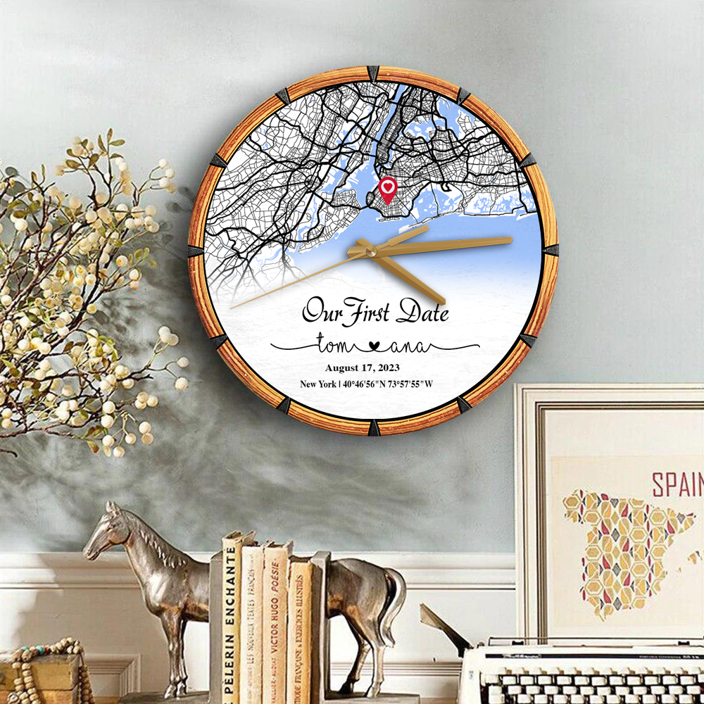 Create an Anniversary Gift for Couple with Our First Day Map on Personalized Wooden Clock