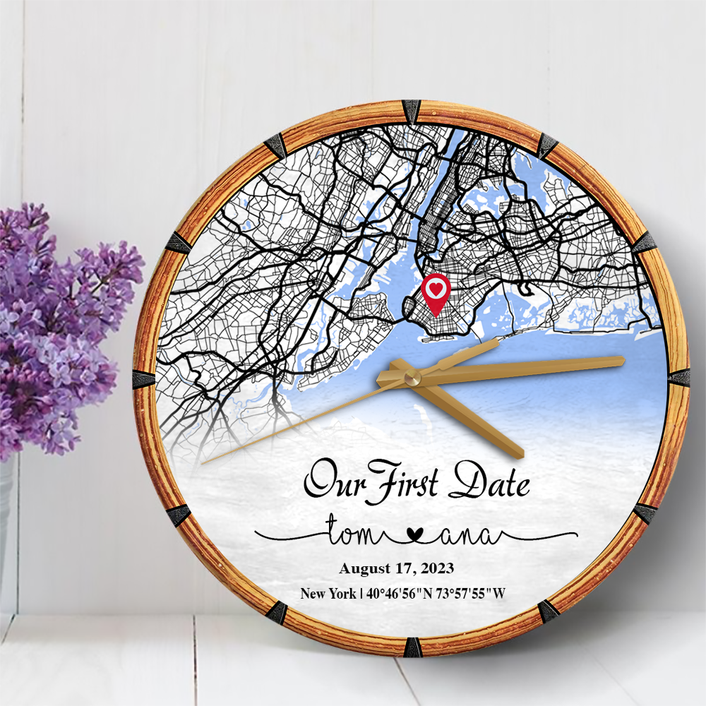 Create an Anniversary Gift for Couple with Our First Day Map on Personalized Wooden Clock