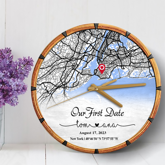 Create an Anniversary Gift for Couple with Our First Day Map on Personalized Wooden Clock