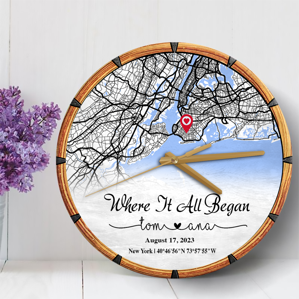 Create an Anniversary Gift for Couple with Our First Day Map on Personalized Wooden Clock