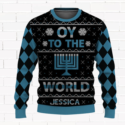 Oy To The World Hanukkah Celebration Unisex Custom Name Ugly Sweater for Adult & Kids