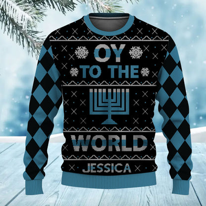 Oy To The World Hanukkah Celebration Unisex Custom Name Ugly Sweater for Adult & Kids