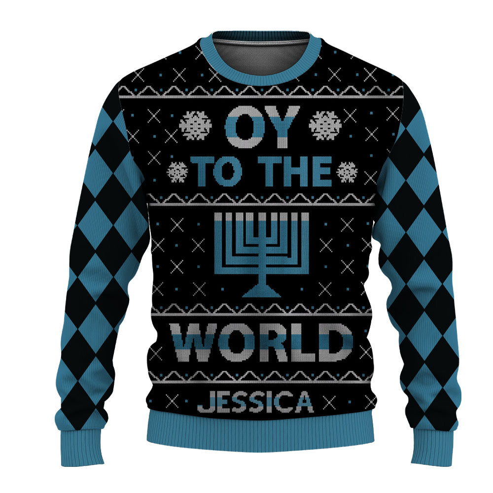 Oy To The World Hanukkah Celebration Unisex Custom Name Ugly Sweater for Adult & Kids