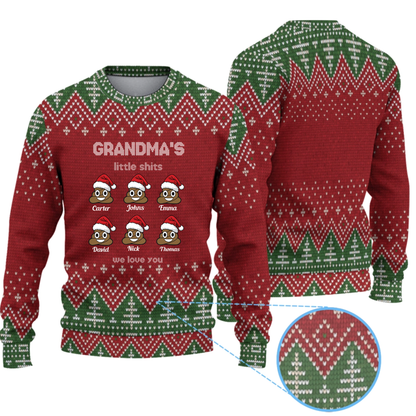 Personalized Grandma's Little Shits Knitted Ugly Sweater - Funny Knitted Ugly Sweater for Grandma