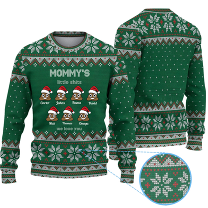 Personalized Mommy's Little Shits Knitted Ugly Sweater - Funny Knitted Ugly Sweater for Mom