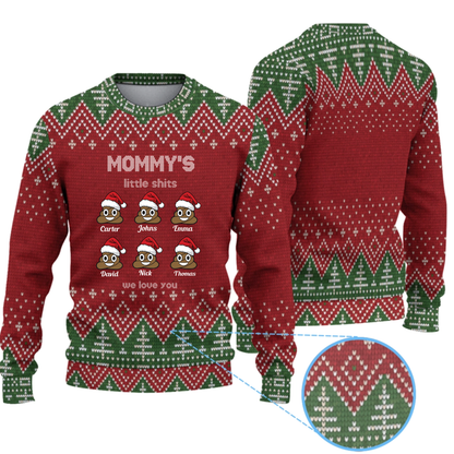 Personalized Mommy's Little Shits Knitted Ugly Sweater - Funny Knitted Ugly Sweater for Mom