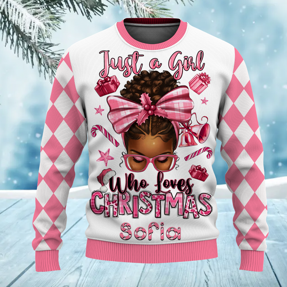 Custom Name Believe Merry Christmas African American Girl Ugly Sweater for Women