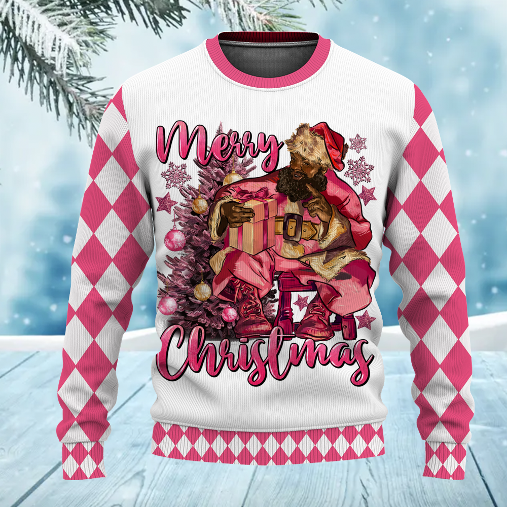 Pink Merry Christmas Afro Black Santa Claus Christmas Ugly Sweater for Men & Women