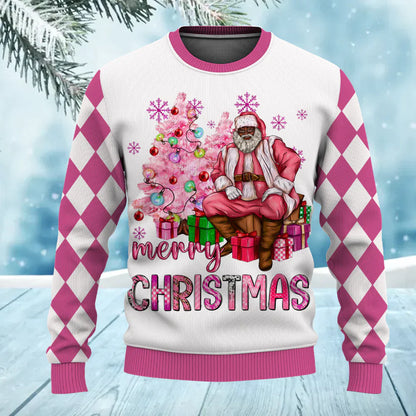 Ho Ho Ho Pink Afro African American Santa Claus Christmas Ugly Sweater for Men & Women