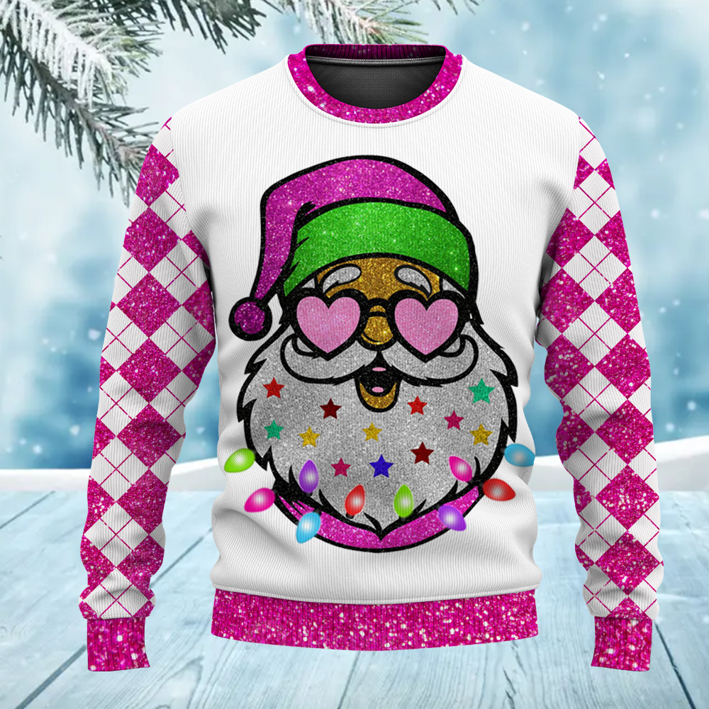 Santa Claus with Sunglasses Sparkly Glitter Ugly Christmas Sweater for Women