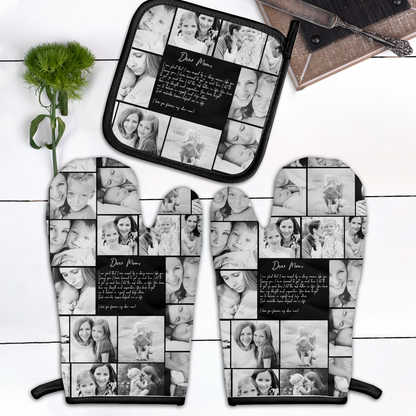 Create a Mother's Day Gift for Mom with Collage Photo & Text on Combo 2 Oven mitts and 1 Pot-Holder