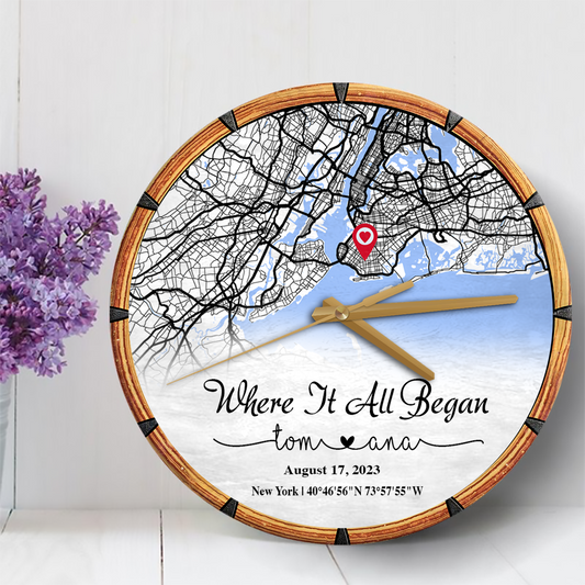 Create an Anniversary Gift for Couple with Where It All Began Map on Personalized Wooden Clock