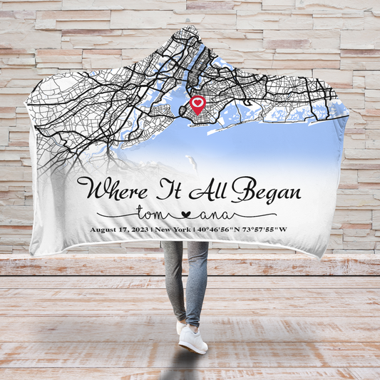 Create an Anniversary Gift for Couple with Where It All Began Map on Hooded Blanket