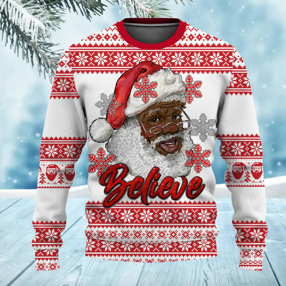 Retro African American Afro Santa Claus Christmas Ugly Sweater for Adult & Kids